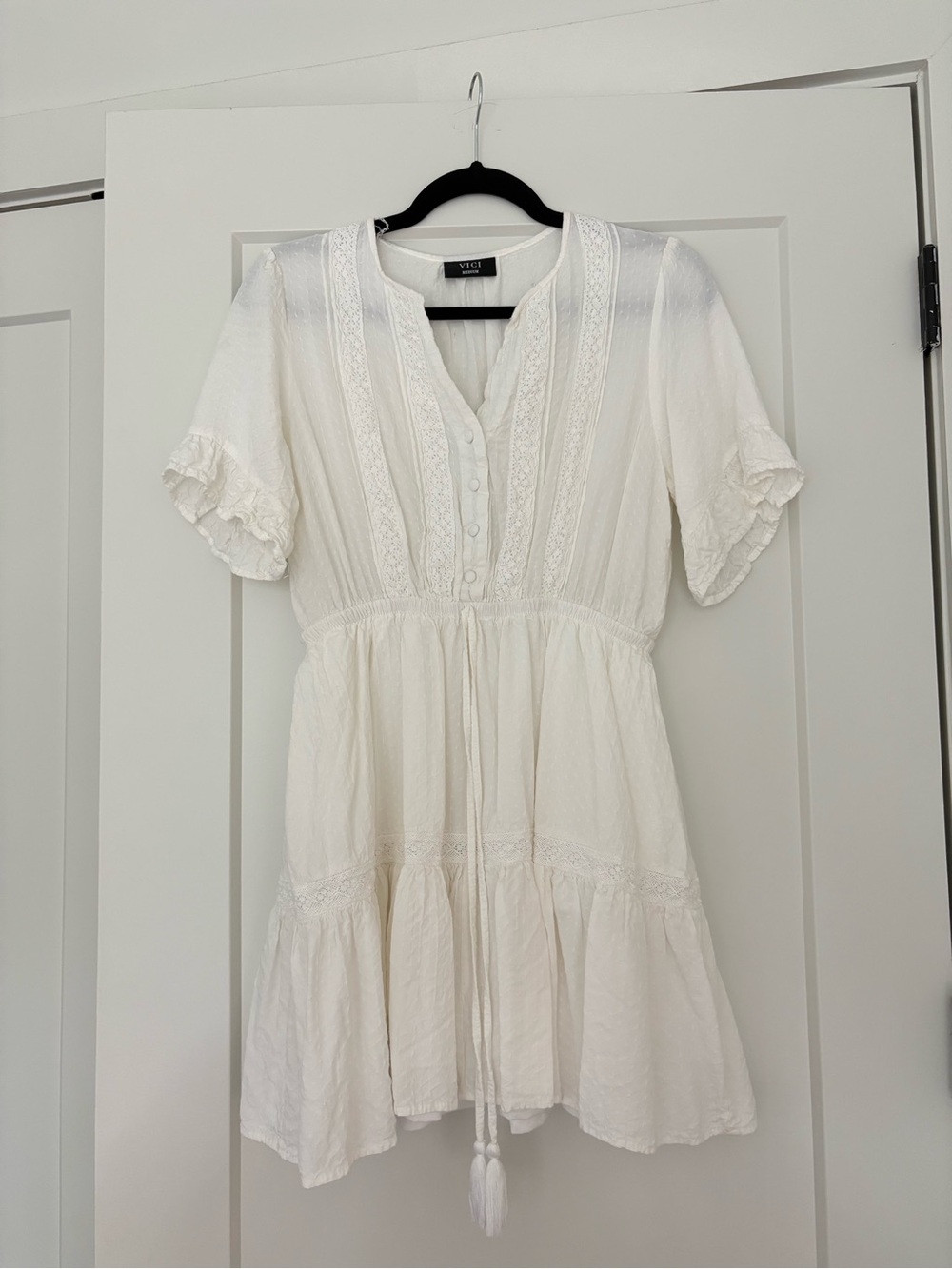 VICI Ivory Lace-Trim Tiered Mini Dress